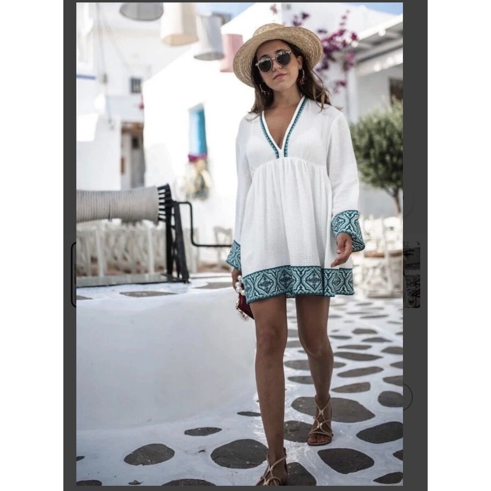 ZARA Embroidered Gauze Mini Dress Womens L White Teal 100% Cotton Mediterranean